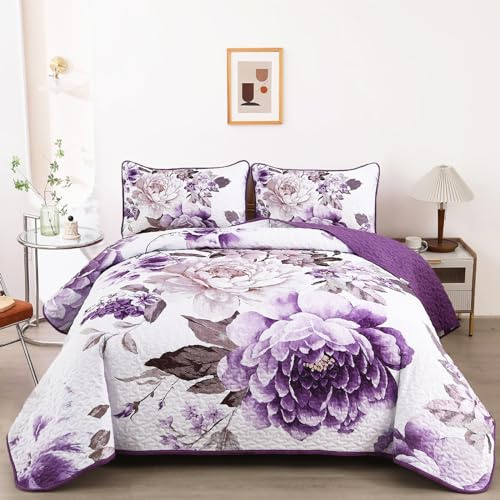 WONGS BEDDING Juego de edredón floral morado, tamaño King, 3 piezas, reversible, elegante, juego de ropa de cama de flores para todas las estaciones, juego de colcha de microfibra suave con 2 fundas
