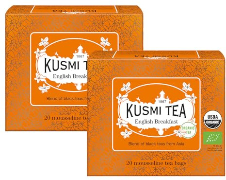 Kusmi Tea - English Breakfast Bio - Lot de 2 boîtes - Thé Noir Biologique - Mélange de Thés Noirs d'Asie - Ceylan et Assam - Thé Caféiné - 2x20 Sachets