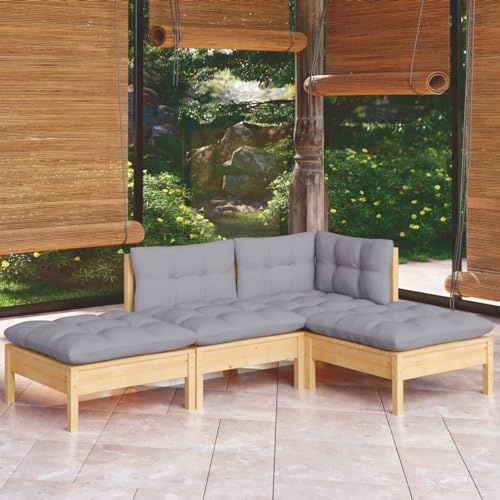 Festnight 4-TLG. Garten-Lounge-Set mit Grauen Kissen Kiefer Massivholz,Balkon Möbel, Loungemöbel, Gartensofa, Garten Sofa, Gartenmöbel, Terrassenmöbel, Balkon Sofa