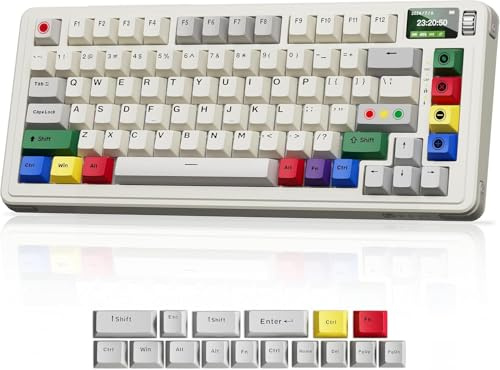 BOYI C75Pro - Teclado mecánico retro con pantalla, BT5.0/2.4G/Type-C/USB-A programable con junta de intercambio en caliente, teclado RGB con perfil de cereza personalizado Dye-Sub PBT, teclas gris