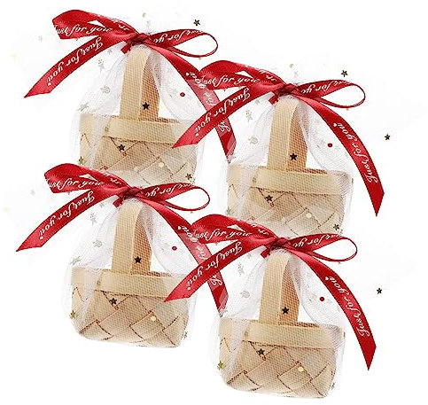 VILLFUL 4stücke Mini-blumenkorb Aus Geflochtenem Holz Und Bändern Miniatur-flechtkorb Für Geschenke Diy-dekoration Und Frühlingsdekoration Kleiner Korb Für Bastelprojekte