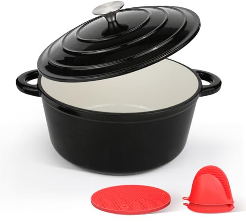 CookNexa Olla holandesa de hierro fundido esmaltado de 6 cuartos con tapa y accesorios de silicona, apta para horno hasta 260.0 °C o en estufa, horno holandés antiadherente para hornear pan, cocinar,