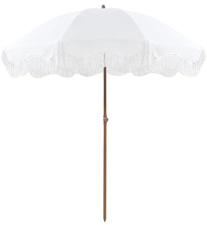 Boho Sonnenschirm Mit Fransen 200cm Strandschirm Uv Schutz Weiß Gartenschirm Wasserdicht Balkonschirm 45° Verstellbarer Terrassenschirm Portable Marktschirm Mit Tasche for Garten Terrasse Pool