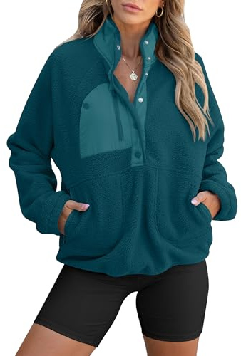 ANRABESS Women Fuzzy Fleece Pullover Sherpa Sweatshirt Long Sleeve Button Down Warm Soft Color Block Jackets with Pockets Cyan Medium