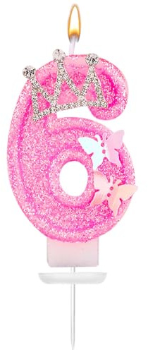 Cumpleaños Purpurina Rosa Corona Mariposa Diamantes Imitación Velas con Número 7,3cm Decoraciones Perfectas para Aniversario(Número 6)