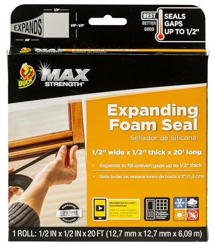 Duck Max Strength Expanding Foam Seal for Doors and Windows, .5 in. x .5 in. x 20 ft., Expands to Fit Uneven Gaps up to 1/2 Inch Thick, Cut to Size, Black, 1-Roll (Pack of 1)