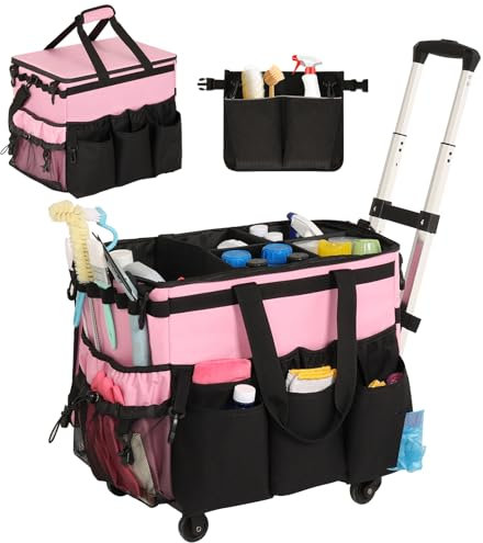 OUDUCK Rolling Cleaning Caddy, Cleaning Supplies Organizer with Cleaning Caddy Apron, Large Cleaning Caddy Bag with Detachable Trolley, Handles and Shoulder Strap for Cleaners Housekeepers, Pink