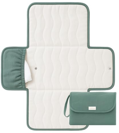 Toddlekind Mini Maven Portable Changing Pad – Organic Cotton & Water-Resistant Polyester – Travel-Friendly, Foldable Change Mat – Forest Green Stripes with Wave Stitching – Chic, Durable, Easy Clean