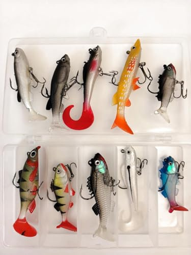 Soft Fishing Lures Kit 10pcs, Fishing Lures Baits Tackle Set for Freshwater Trout Bass Salmon Spinner Baits Plastic Artificial baits With Box