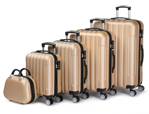 LALAHO Kofferset 5 teilig, Reisekoffer Set mit Kosmetikkoffer, Hartschalen Koffer Set aus ABS, Gepäckset mit Schminkkoffer und Handgepäck, Champagnergold