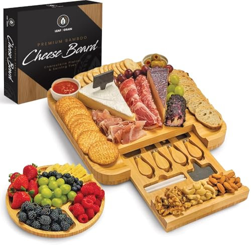 Juego de tablas de charcutería de hojas y granos, tabla de queso de bambú de alta calidad, accesorios perfectos para regalos de despedida de soltera, regalos de boda e inauguración de la casa,
