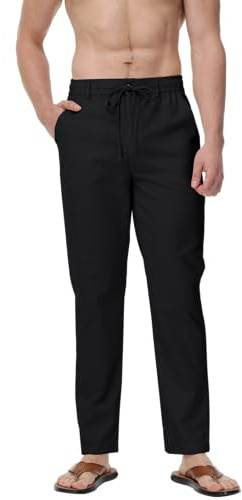 YAOHUOLE Pantalon Homme en Lin Noir L Taille Elastique