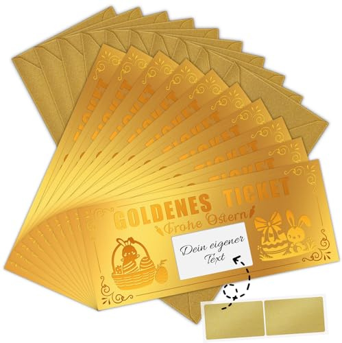 WenmthG 10 STK Goldenes Ticket Osterkarte mit Umschlag, Ostern Geschenke für Kinder Frau Mann, Frohe Ostern Karte, Gutschein zum selber ausfüllen mit Rubbelaufkleber