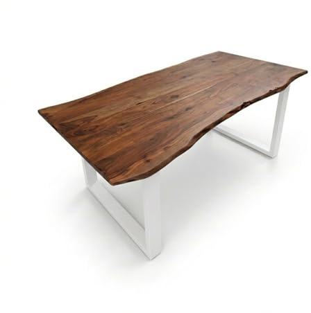 Bett11 Esstisch 140x80 cm Akazie massiv Nussbaum U-Gestell Weiß | 26 mm Tischplatte mit natürlicher Baumkante aus massivem Akazienholz