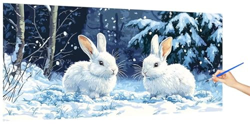 Malen Nach Zahlen Erwachsene Kaninchen, Malen Nach Zahlen SchneeKinder Kleines Format, DIY Paint by Numbers Kreativ Set AnfäNger Inklusive Pinsel und Acrylfarben Ohne Rahmen Deko Geschenk 100x50cm K-5