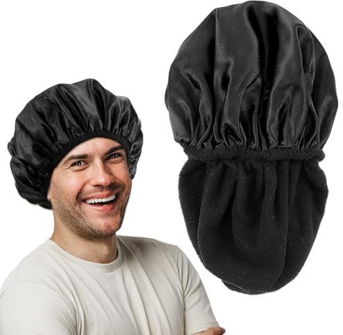 Yuanchu Cuffia da doccia a 3 strati, extra grande, impermeabile, regolabile, morbida fodera in spugna, riutilizzabile, per docce, spa, trucco da uomo (nero)