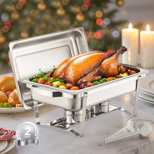 VEVOR Scaldavivande a Buffet 7,5 L Set di Scaldavivande, 2 Pezzi con 2 Pentole, Distributore di Calore per Catering Rettangolare con Coperchio, Porta Carburante, per Matrimoni Feste Banchetti, Argento