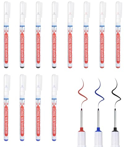 Flewdart 12 Marcadores De Agujero Profundo, Rotuladores De Agujeros Profundos De Metal Punta Fina Extralarga 20mm Negro Azul Rojo, Marcadores Carpintero Para Madera Pared Cemento Azulejos Plástico