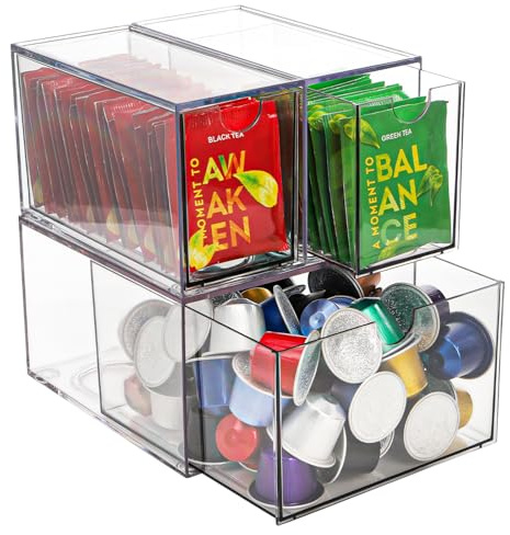 Yarlung 3 Pack Coffee Pod Organizer Tea Bag Holder, Clear Acrylic K Cup Holder Box Stackable Coffee Bar Drawer Container for Cabinet Countertop Storage