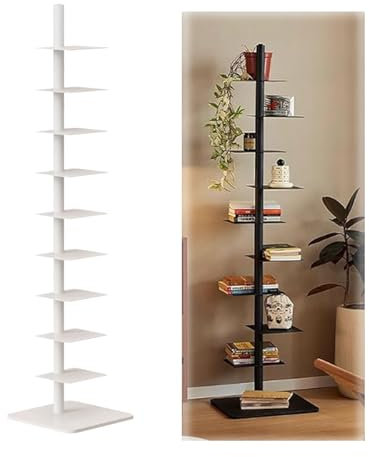 Bücherturm mit 9 Ebenen und Metallrücken, vertikales DIY-Bücherregal mit 4 verstellbaren Winkeln, hohes schmales Leiter-Design für kleine Räume, ideal für Wohnzimmer, Büro und Schlafzimmer