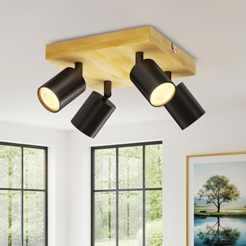 LVWIT Deckenlampe 4 Flammig Schwarz Modern LED Wohnzimmer Deckenstrahler Küchenlampe GU10 Holz Strahler Deckenspot Flurlampe Decken Spotlight Lampe (Ohne Leuchtmittel)