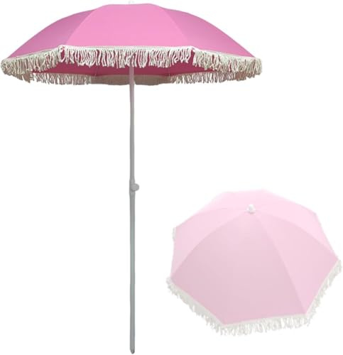 Parasol De Jardin Extetieur plage inclinable, petit parasol portable avec franges, rond, 160 cm, pour jardin, terrasse, camping, hauteur réglable, 8 baleines