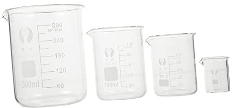 Amosfun 4pcs High Borosilicate Glass Chemistry Lab Beaker Set 10ml 50ml 100ml 300ml Scientific Measuring Cups for Laboratory Experiments and Research