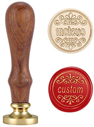 Lpraer Siegelstempel Personalisiert Wachssiegel Stempel mit Eigenem Logo/Zierranke, Messing Wachsstempel mit Holzgriff für Hochzeitseinladungen Brief Umschläge Karte Weindekorationen, rund/35mm