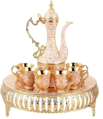 SEEK RARE Turkish Tea Set Vintage Coffee Pot with Shiny Crystal Tray and 6 Cups for Home Party Table Decor Gold