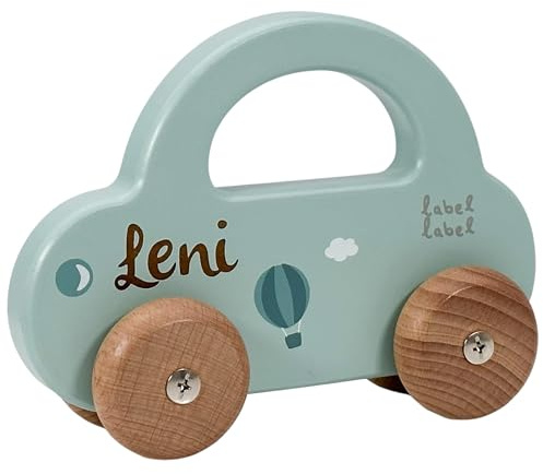 Personalisierbares Holz-Auto Mint – robust & leise rollend – für Kinder ab 12 Monaten – mit Name & Geburtsdaten – Label Label