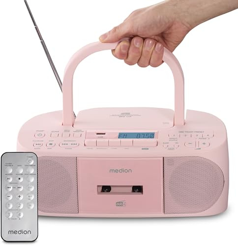 MEDION DRX-1 Plus Boombox (Radio Portable Dab+ et FM, Bluetooth, Lecteur CD, MP3, Cassette, Prise Casque, stéréo, AUX, Secteur & Piles) Rose