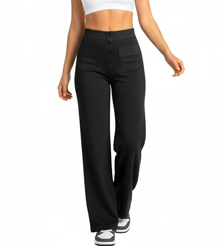 Neteson Pantalon Femme Taille Haute Elegant Pantalon Palazzo Décontracté à Jambe Large Pantalons Loisirs Travail Stretch de Yoga avec Poches