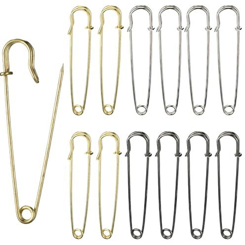 cobee 12 spille di sicurezza grandi, 100 mm, in metallo, extra large, spilla da balia, oro, argento e nero, per artigianato, vestiti, cucito, fai da te