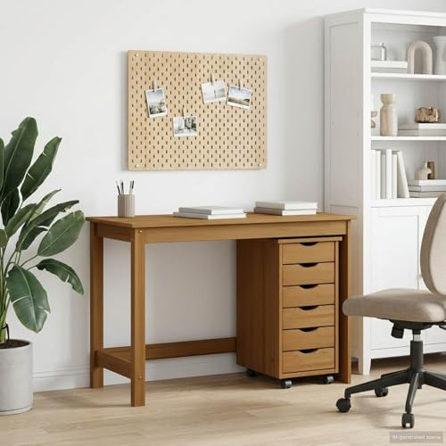 GeenYuu Moss Desk and Rolling Container Set 2-Piece Honey Brown Made of Solid Pine Wood 112 x 50 x 75 cm with 6 Drawers Practical Storage Space for Office Home Office Study Organisation Shelf