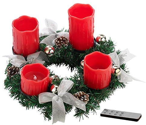 Britesta LED Adventsgesteck: Adventskranz mit roten LED-Kerzen, silbern geschmückt (Adventsgesteck mit Kerzen, Weihnachtsgesteck mit, Winter)
