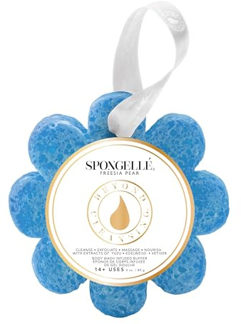 Spongellé Freesia Pear Wild Flower Bath Sponge | Built-in Body Wash & Body Scrubber, Shower Loofah Sponge for Women | 14+ uses