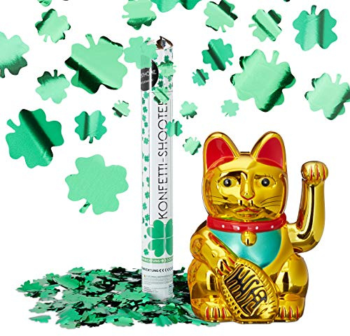 Relaxdays 2 TLG. Glücks-Set, Maneki Neko Winkekatze, Party Popper Kleeblatt, Glückskatze Gold, Konfetti Kanone grüner Glücksregen