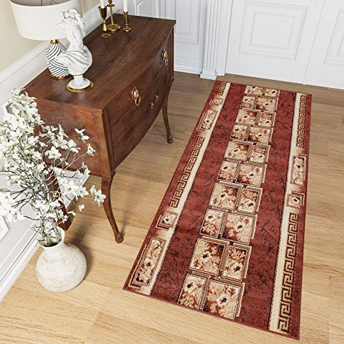 TAPISO Atlas Teppich Läufer Meterware Flur Kurzflor Küche Wohnzimmer Floral Blumen Griechisch Braun Beige Schlafzimmer ÖKOTEX 80 x 200 cm