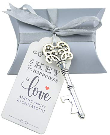 Makhry 50 stücke Skelett Schlüssel-Flaschenöffner Hochzeit flaschenöffner Hochzeit schlüssel Hochzeit Souvenir Geschenk Set Geschenkset mit Box Band Etikett(Antikes Silber) | Vintage Flaschenöffner Geschenkset mit Box, Band und Etikett als Gastgeschenk für Hochzeit, Souvenir und Party