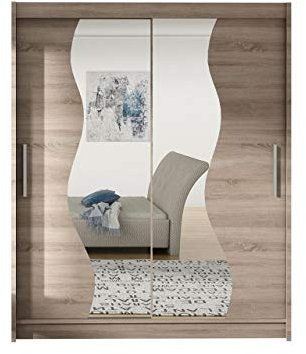 Mirjan24 Westa S Armoire à portes coulissantes avec miroir, largeur : 150 cm, penderie avec tringle à vêtements et étagères, penderie (truffe/miroir, sans éclairage)