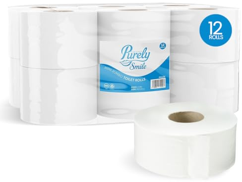 Blake & White 2 Ply Mini Jumbo Toilet Rolls 12 Pack - Purely Smile Super Absorbent 60mm Toilet Paper for Home & Leisure Centers - Ultra Durable Tissue Roll