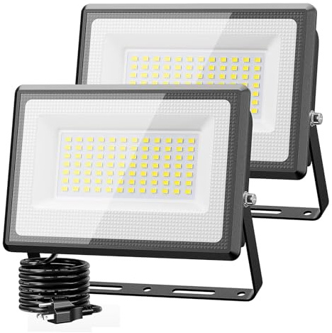 Olafus 2 Pack 90W LED Flood Light Outdoor, 9000LM Super Bright LED Work Lights Plug in, 6500K IP66 Waterproof Exterior Floodlight for Yard Lawn Garden