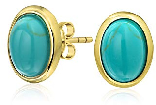 Pendientes de botón ovalados con cúpula y engaste de bisel de ámbar turquesa azul estabilizada clásica tradicional para mujer, chapados en oro de 14K, plata de ley .925.
