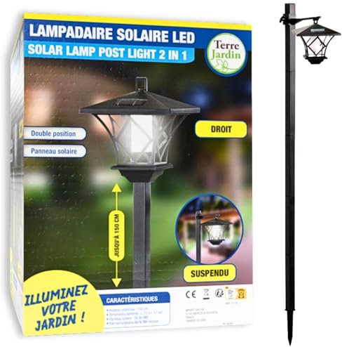 TERRE JARDIN - Lampadaire Solaire Exterieur, Noir 1,5 m - Lampe sur Pied Exterieur, LED 5 Lumens 0,03 W - Luminaire Extérieur LED, 2 Postions et 2 Niveaux - Lampadaire sur Pied, Lanterne Classique