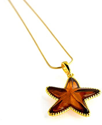 MyBer® Bernstein Pendant Seestern Stern Anhänger auf Goldkette 45cm Länge Schmuck Damen Silber 925er vergoldet PMBER58