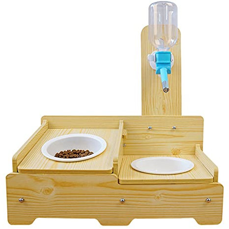 PJDDP Erhöhter Fressnapf Für Katzen Und Hunde,Katzennapf Hundenäpf/Futternapf Aus Porzellan Mit Automatischer Wasserflasche,Holz, Doppel-Fressnapf, Futterstation, Futternapf-Halterung