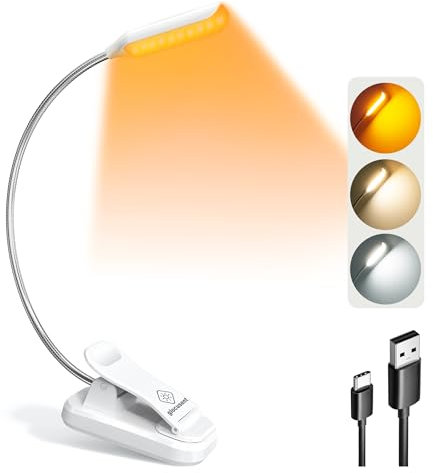 Glocusent Leselampe Buch Klemme, Wiederaufladbare Buchlampe mit 10 LEDs, 3 Farben & 3 Helligkeiten, Lange Laufzeit Klemmlampe bis zu 80 Stunden, 360° Flexibel Klemmleuchte für Nachtlesen