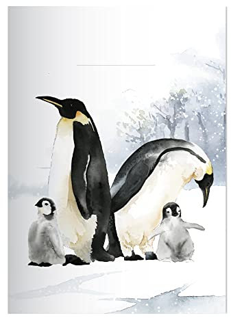 Kartenkaufrausch 16x Niedliche Pinguin DIN A4 Grundschul Hefte mit Pinguin Familie im Schnee in Weiß Kontrastlineatur 1