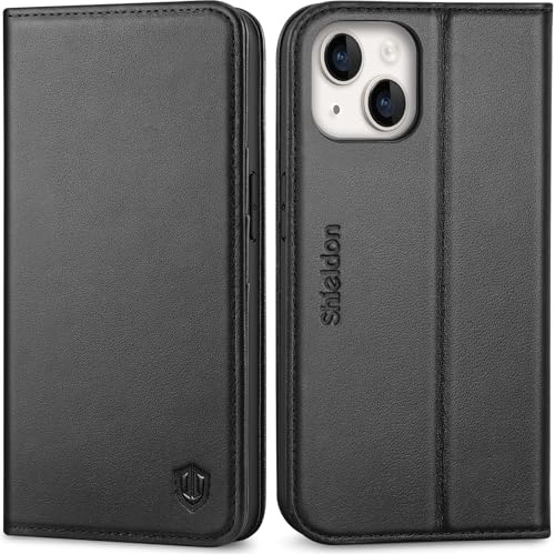 SHIELDON Echtleder Hülle für iPhone 14 6,1 5G 2022, Schwarz | Kartenfach, Magnetverschluss, Standfunktion, RFID-Sperre, Klappbare Schutzhülle, Stoßfeste Handyhülle, Lederhülle