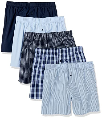 Amazon Essentials Men's Woven Cotton Boxer Short Underwear (Available in Big & Tall), Pack of 5, Navy, Mixed Print, Medium